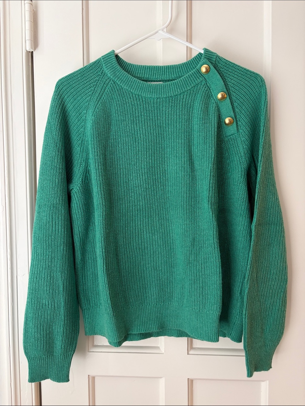 J. Crew Factory Emerald Green Crewneck Sweater with Gold Shoulder Buttons
